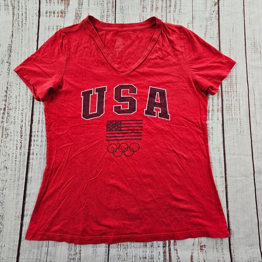 USA Olympics Red‎ Short Sleeve Cotton V-Neck  T-Shirt Women's S